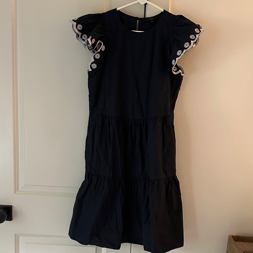 J Crew Embroidered Tiered Navy Dress XS